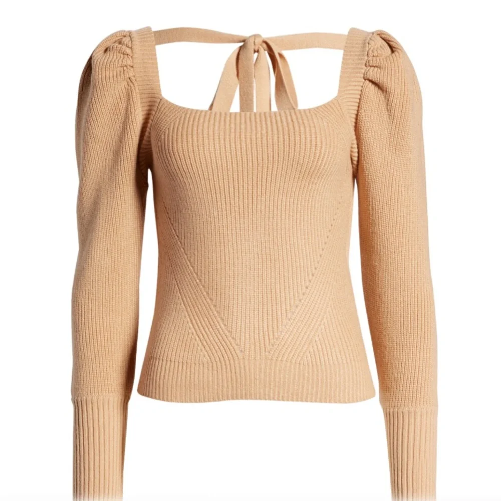 WAYF Leland Tie Back Puff Sleeve Sweater Camel M